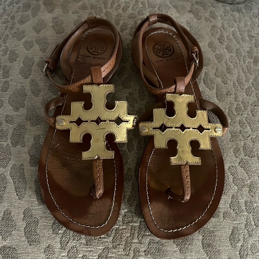 Tory Burch Gold/Tan flat sandal with ankle strap